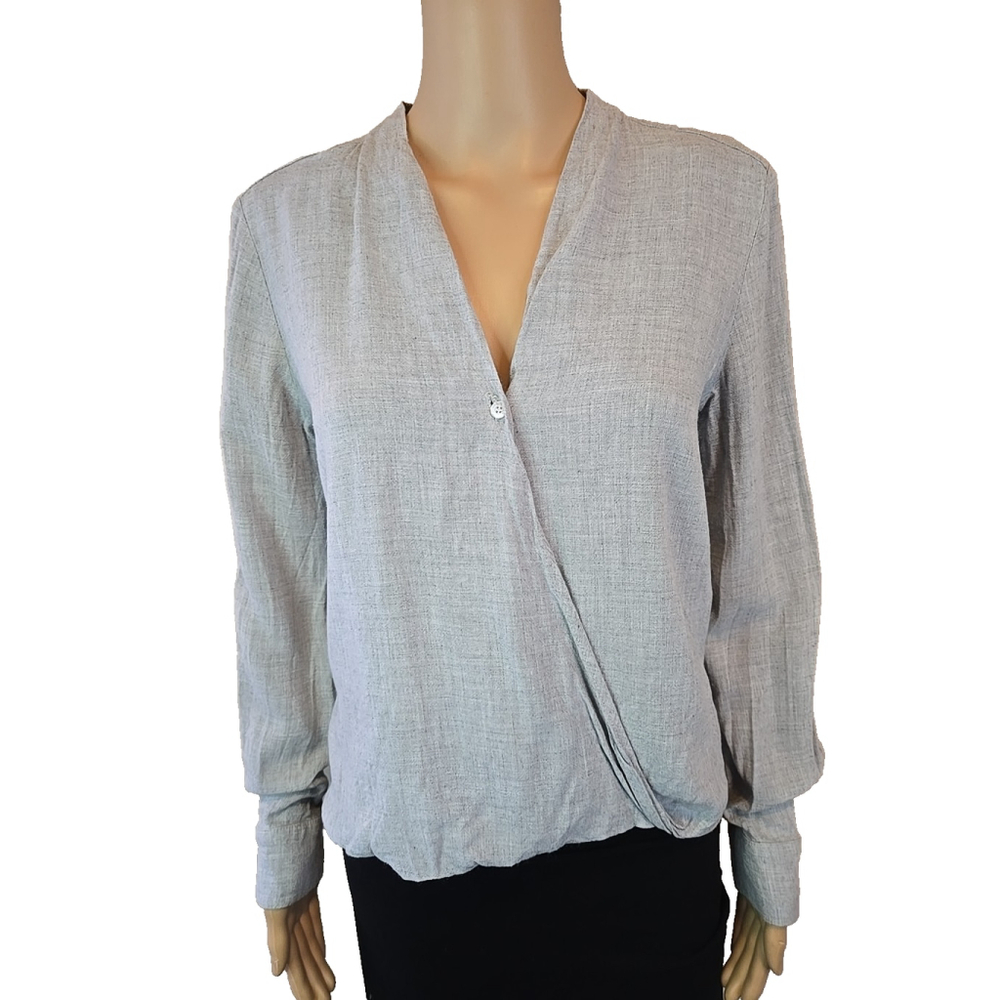 Bella Dahl Women's Gray Long Sleeve Faux Wrap Surplice Top Size Small